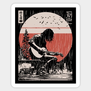 Japanese Guitarist in Rain - Vintage Moody Music Art Sticker